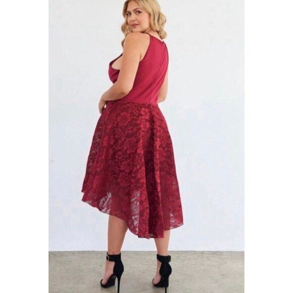 FTF NWT Plus Size 0X Red Dainty Elegant Lace High Low Cut Party Midi Dress - Picture 3 of 8